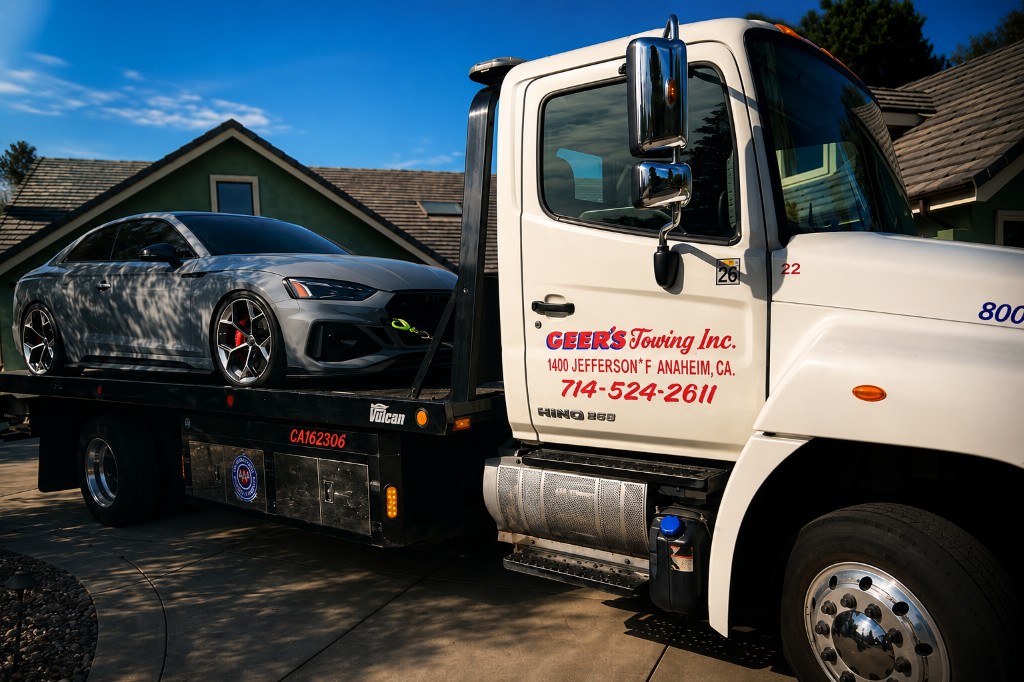 Geer's Towing truck providing vehicle transport in Anaheim