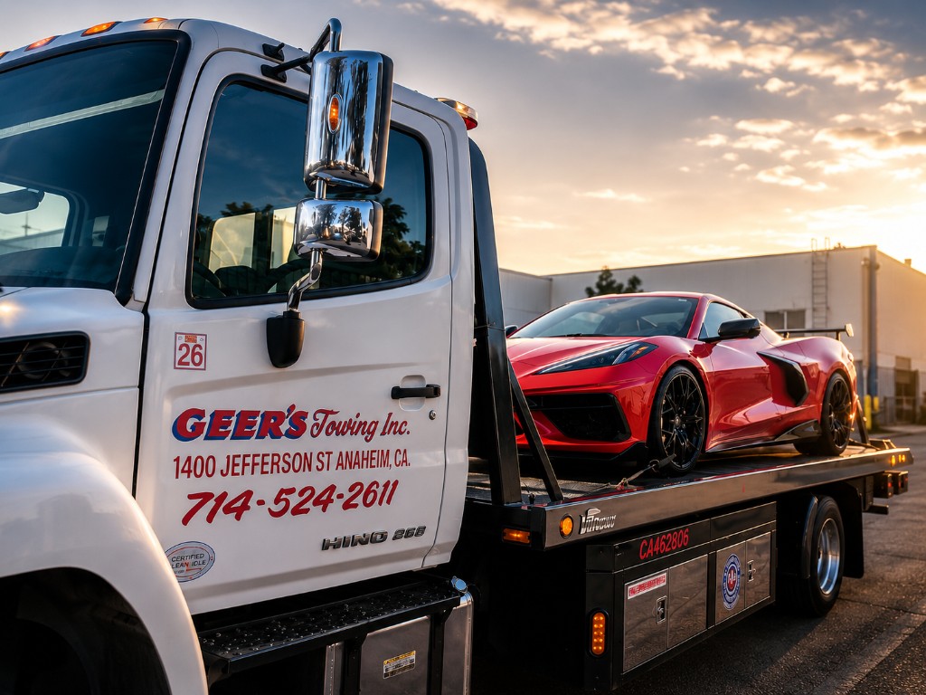Geer's Towing flatbed truck transporting a sports car in Anaheim, California